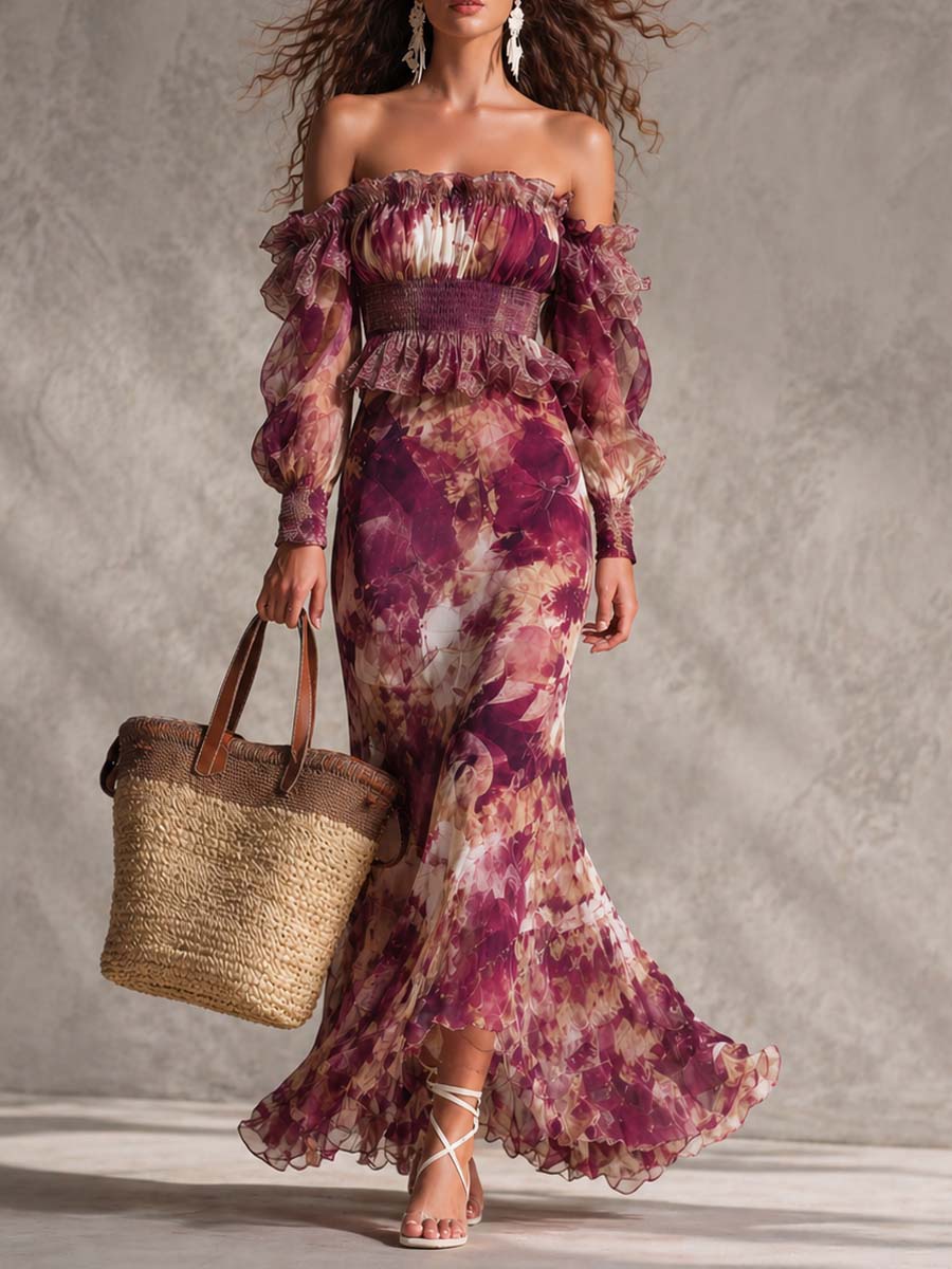 Françoise | Pink Chiffon Maxi Dress with Floral Print and Off-the-Shoulder Neckline