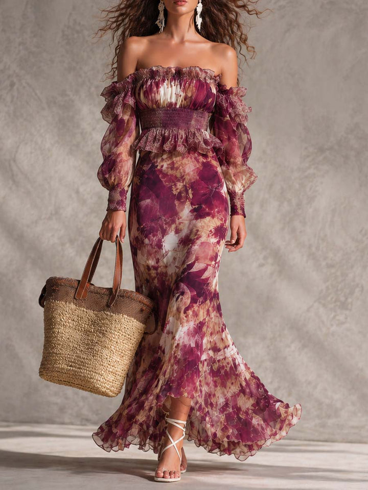 Françoise | Pink Chiffon Maxi Dress with Floral Print and Off-the-Shoulder Neckline