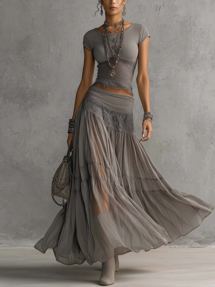 Christine™ | Grey Lace-Panelled Top and Long Pleated Skirt Set
