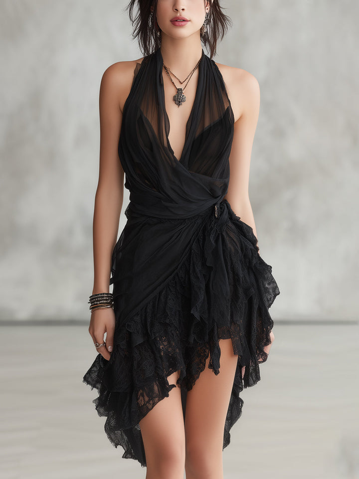 Eléonore | Black Halter Mini Dress with Ruffles and Lace