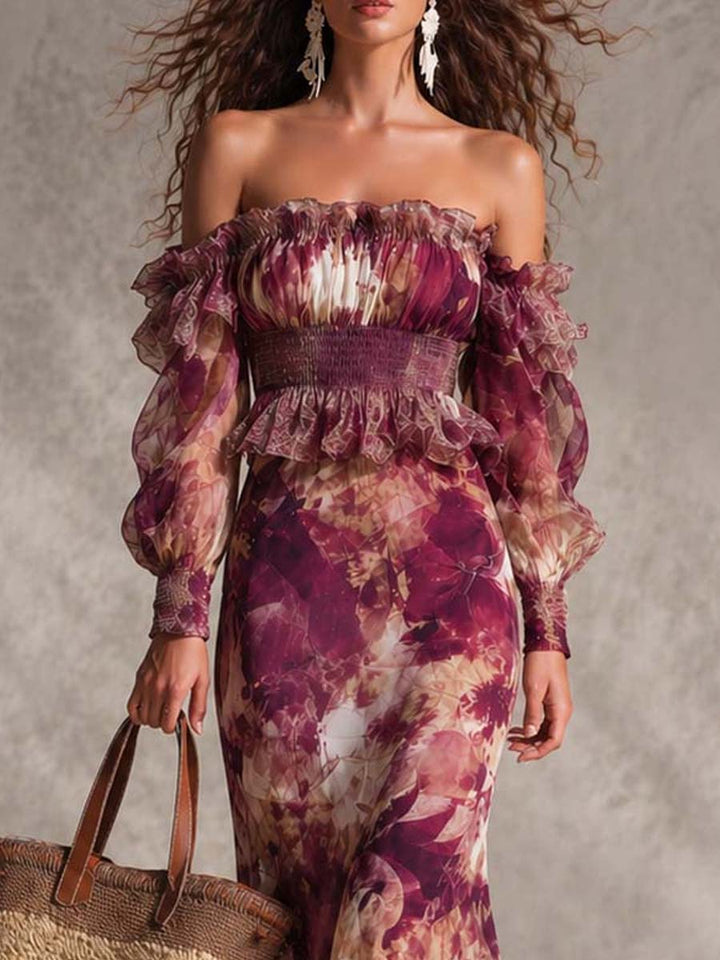 Françoise | Pink Chiffon Maxi Dress with Floral Print and Off-the-Shoulder Neckline