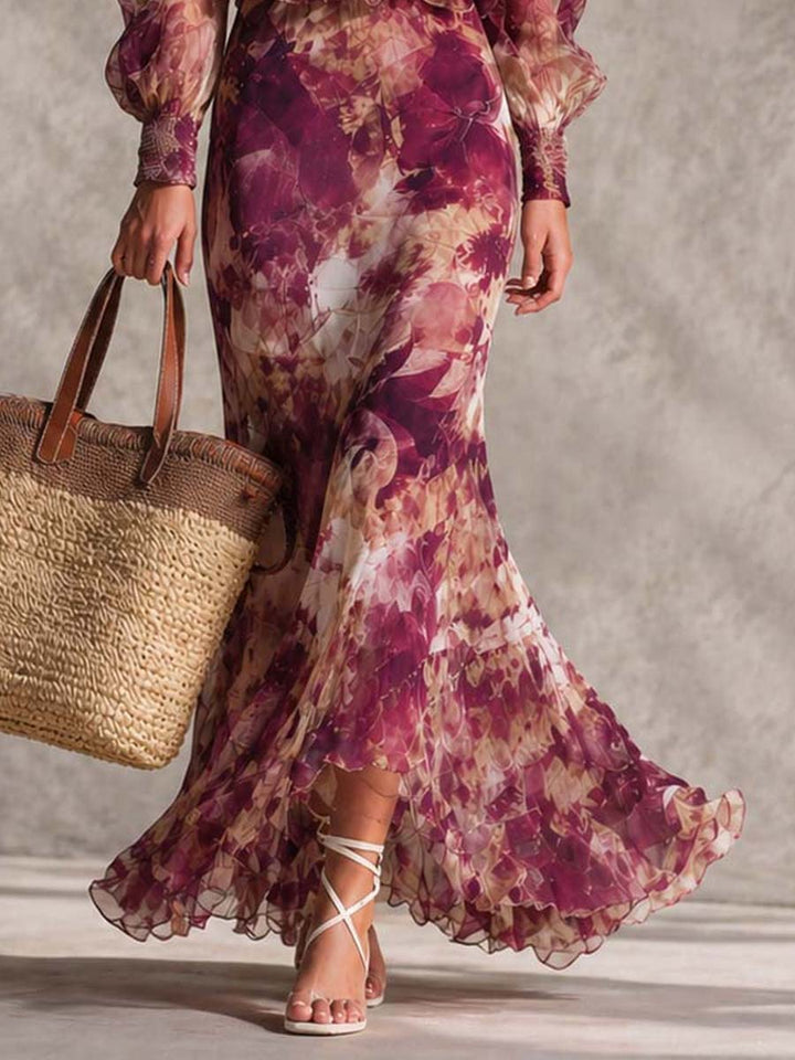 Françoise | Pink Chiffon Maxi Dress with Floral Print and Off-the-Shoulder Neckline