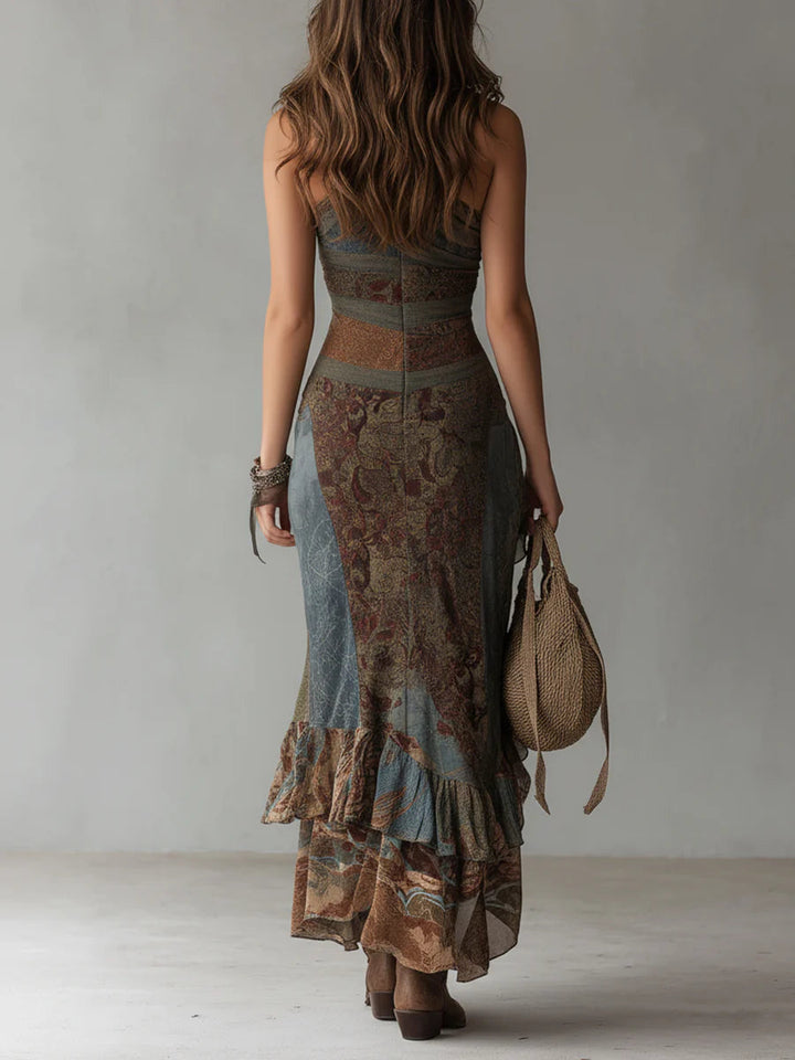 Elena™ | Asymmetric Maxi Dress with Bold Print and Ruffled Slit