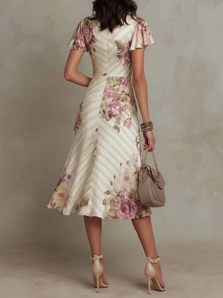 Alba | Elegant Retro Floral Satin Midi Dress ✨