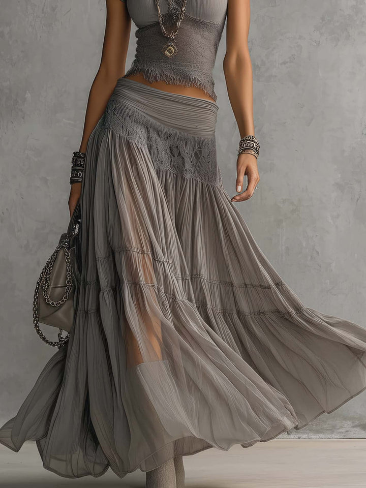 Christine™ | Grey Lace-Panelled Top and Long Pleated Skirt Set