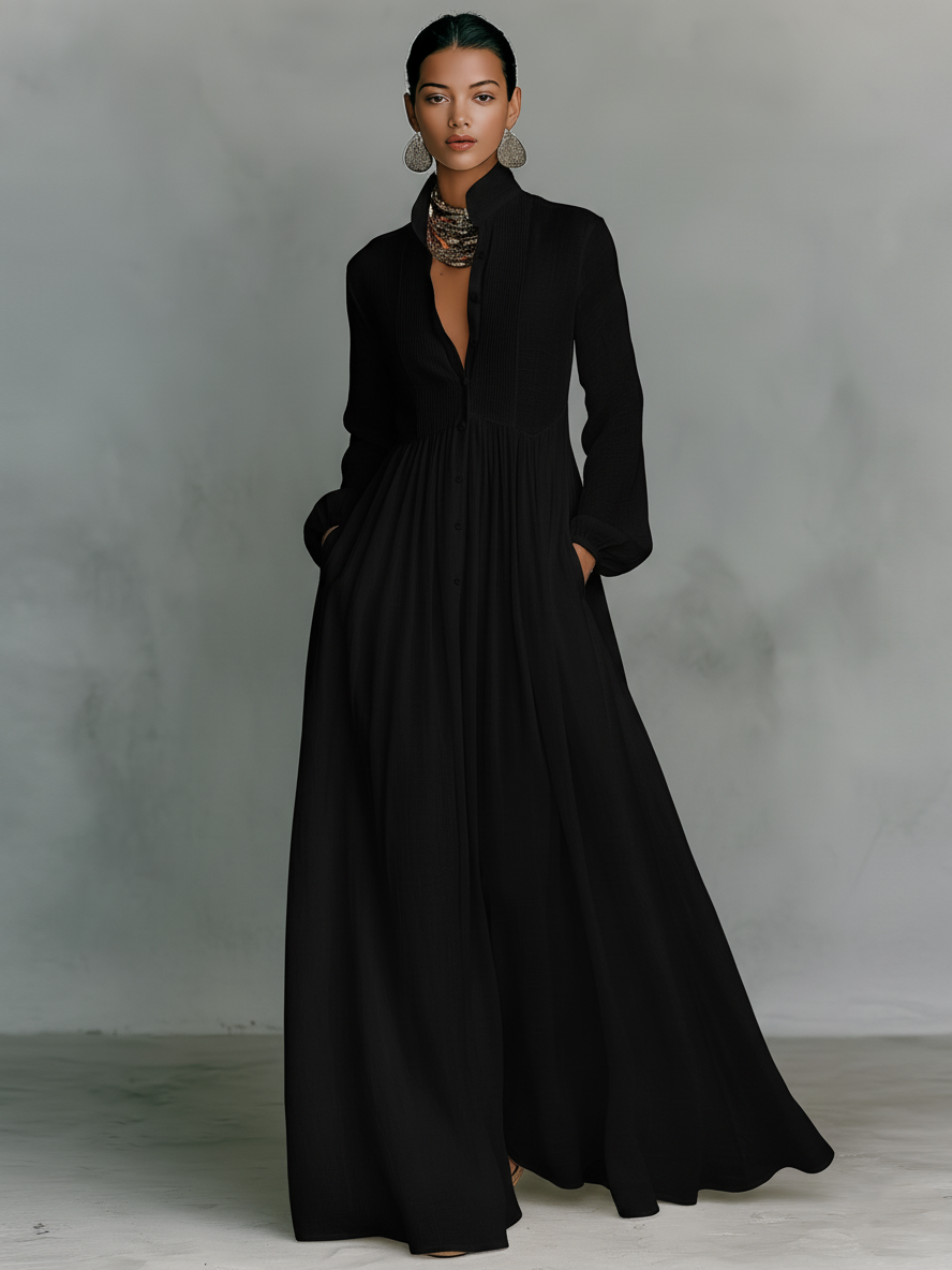 Maxi Minimalist Dress in Cotton &amp; Linen with Patchwork, High Collar and Long Sleeves
