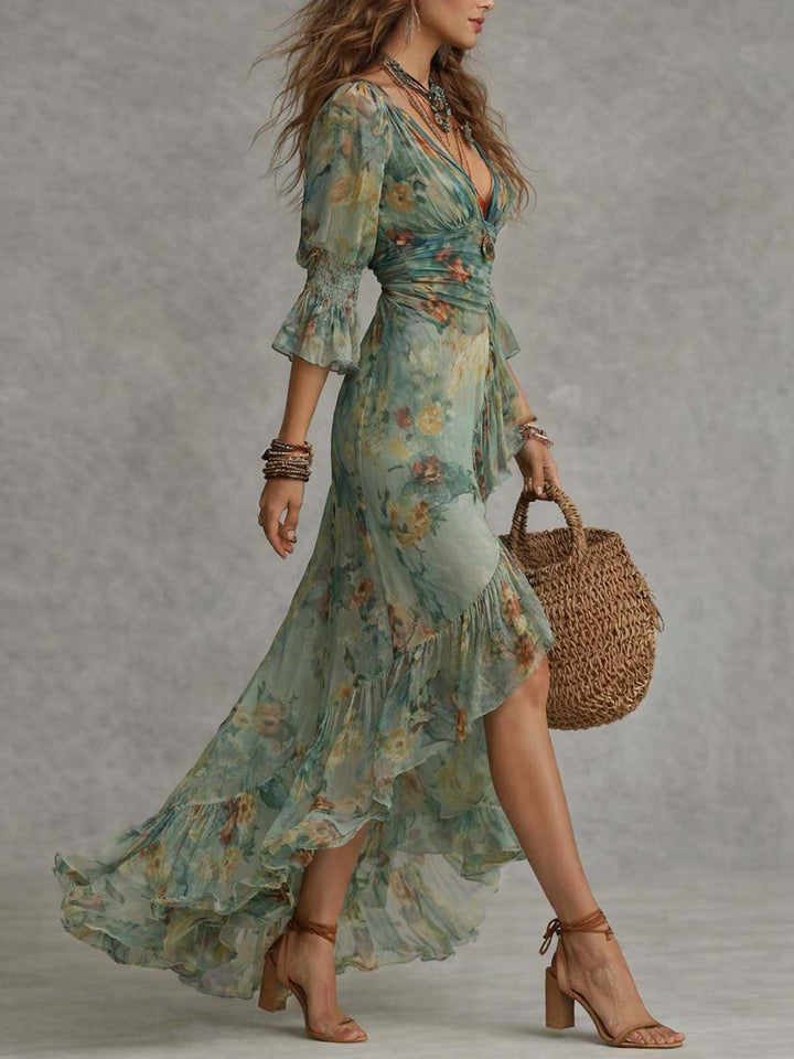 Aurora – Boho Floral Maxi Dress with a Romantic Asymmetrical Hem