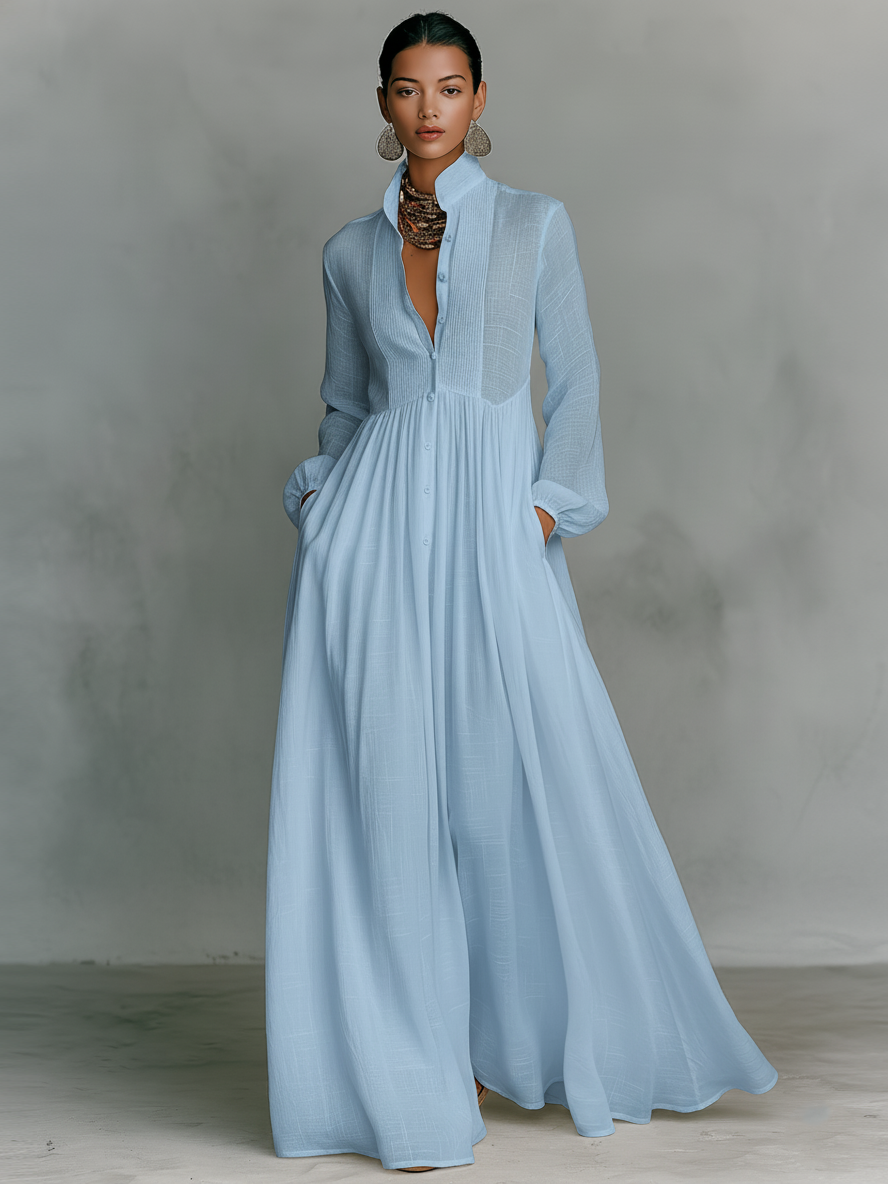 Maxi Minimalist Dress in Cotton &amp; Linen with Patchwork, High Collar and Long Sleeves