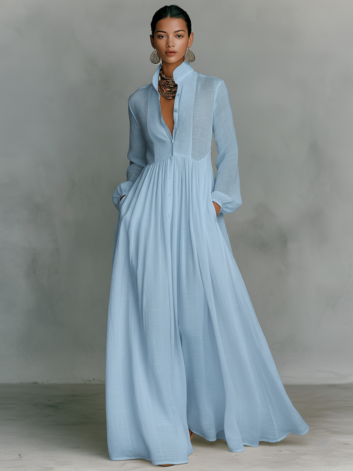 Maxi Minimalist Dress in Cotton &amp; Linen with Patchwork, High Collar and Long Sleeves