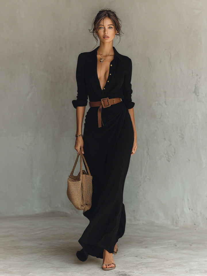 Maxi Long Dress with Lapel Collar and Long Sleeves for Women