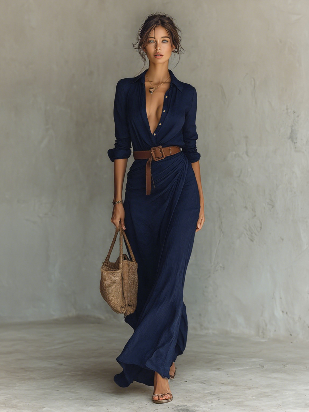 Maxi Long Dress with Lapel Collar and Long Sleeves for Women