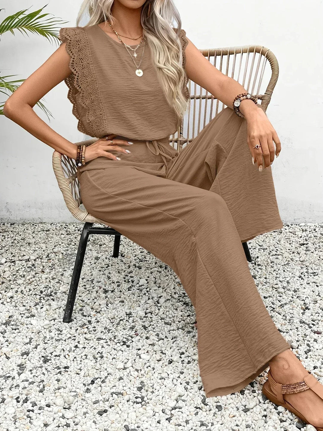 Zella™ Elegant Two-Piece Set | Lace-Trimmed Top and Wide-Leg Trousers