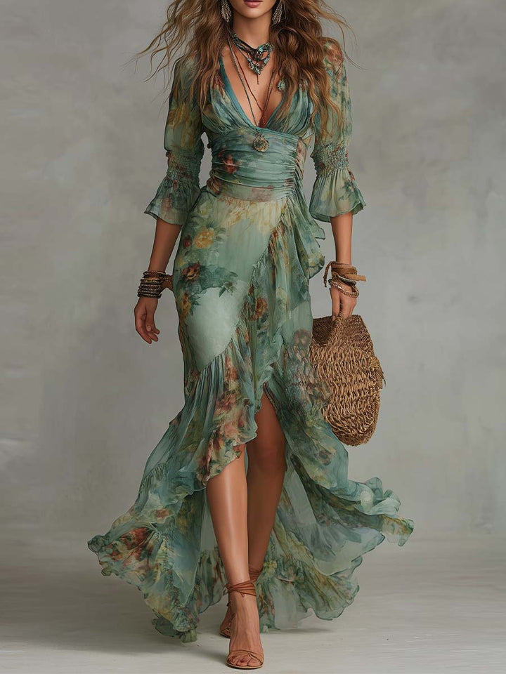 Aurora – Boho Floral Maxi Dress with a Romantic Asymmetrical Hem
