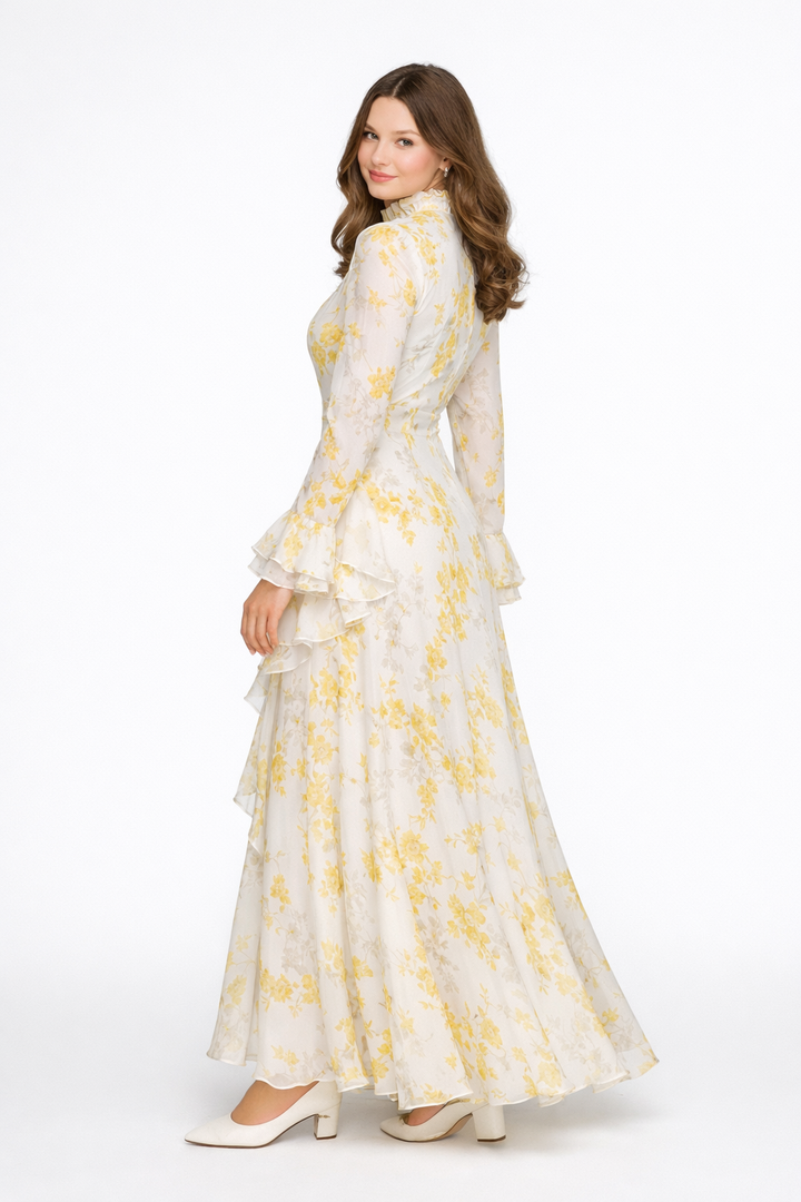 Elisabeth | Beige Chiffon Asymmetric Maxi Dress with Turtleneck and Oil-Painting Print