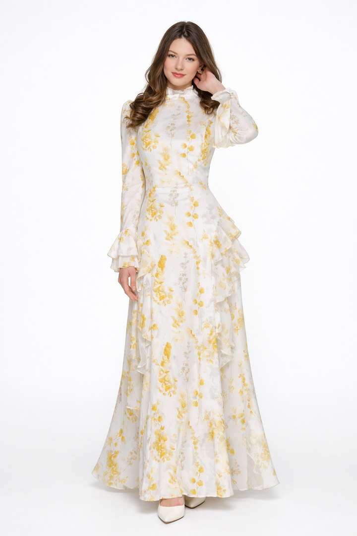 Elisabeth | Beige Chiffon Asymmetric Maxi Dress with Turtleneck and Oil-Painting Print