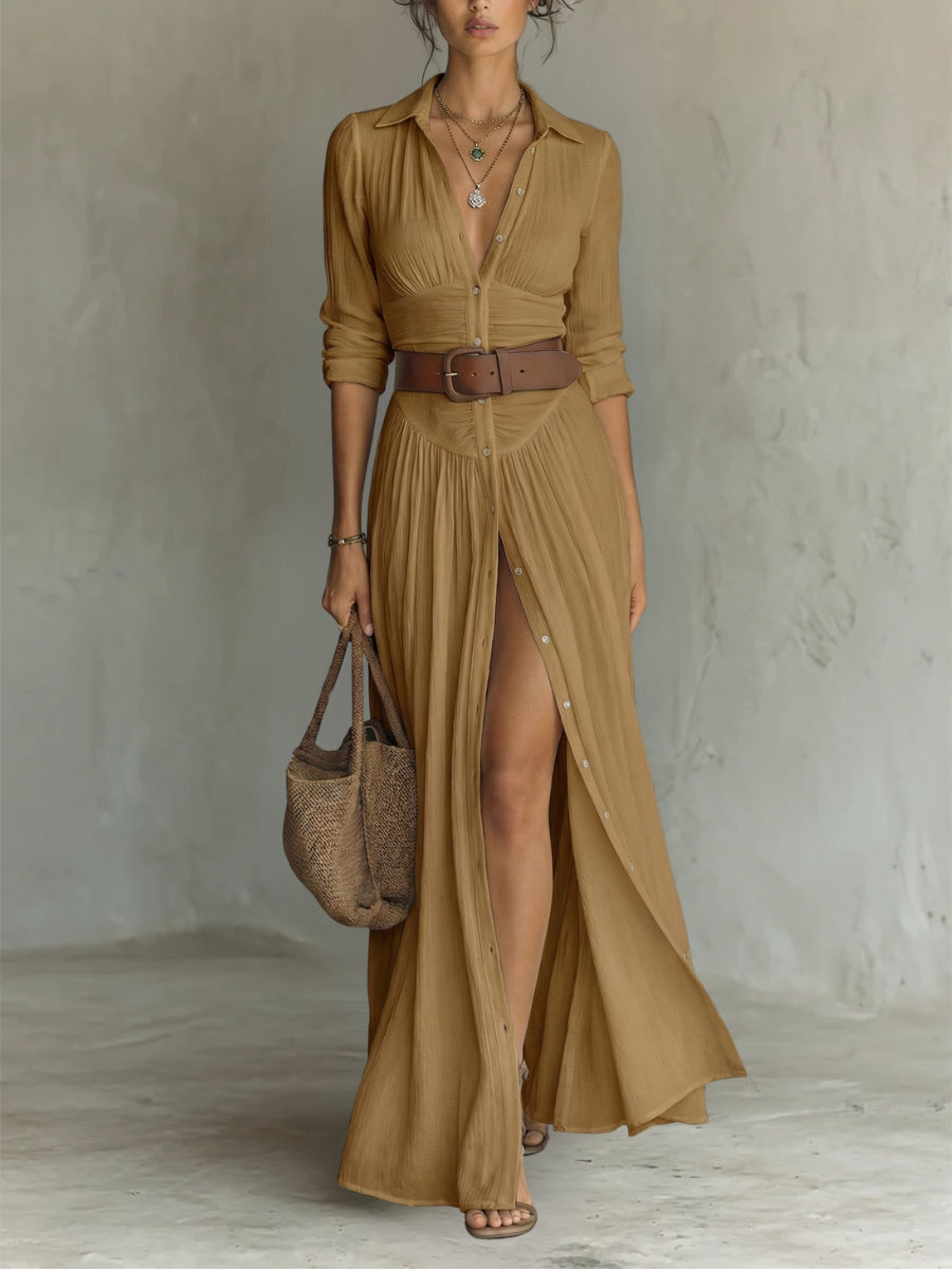 Long Maxi Dress with Notched Collar and Long Sleeves for Women