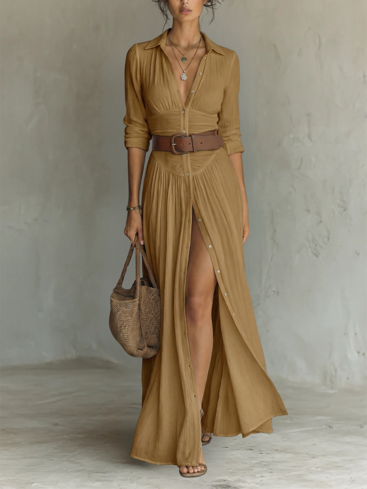 Long Maxi Dress with Notched Collar and Long Sleeves for Women