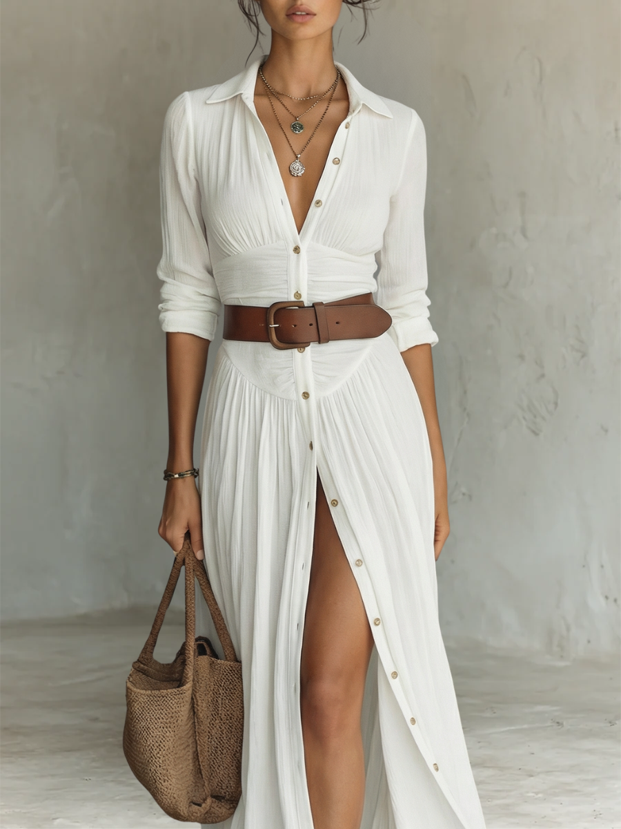 Long Maxi Dress with Notched Collar and Long Sleeves for Women
