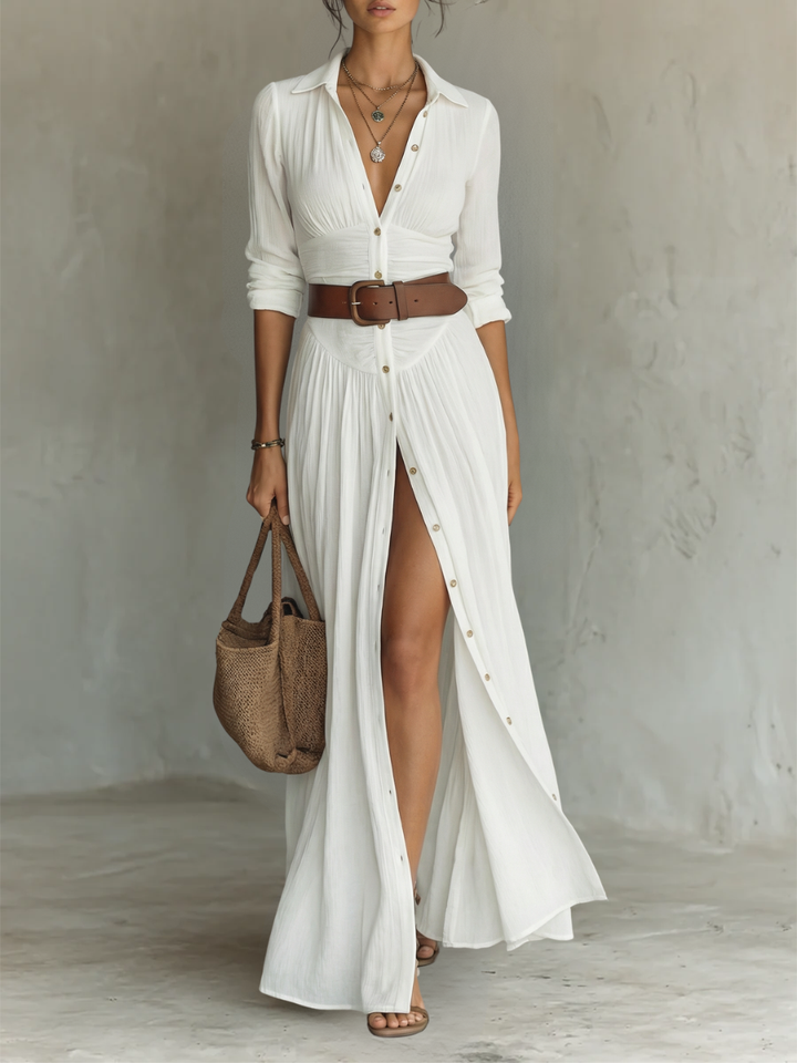 Long Maxi Dress with Notched Collar and Long Sleeves for Women