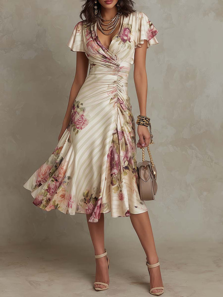 Alba | Elegant Retro Floral Satin Midi Dress ✨