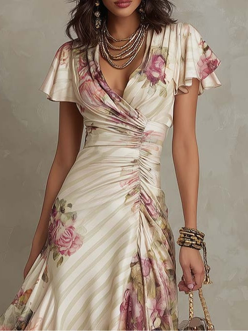Alba | Elegant Retro Floral Satin Midi Dress ✨