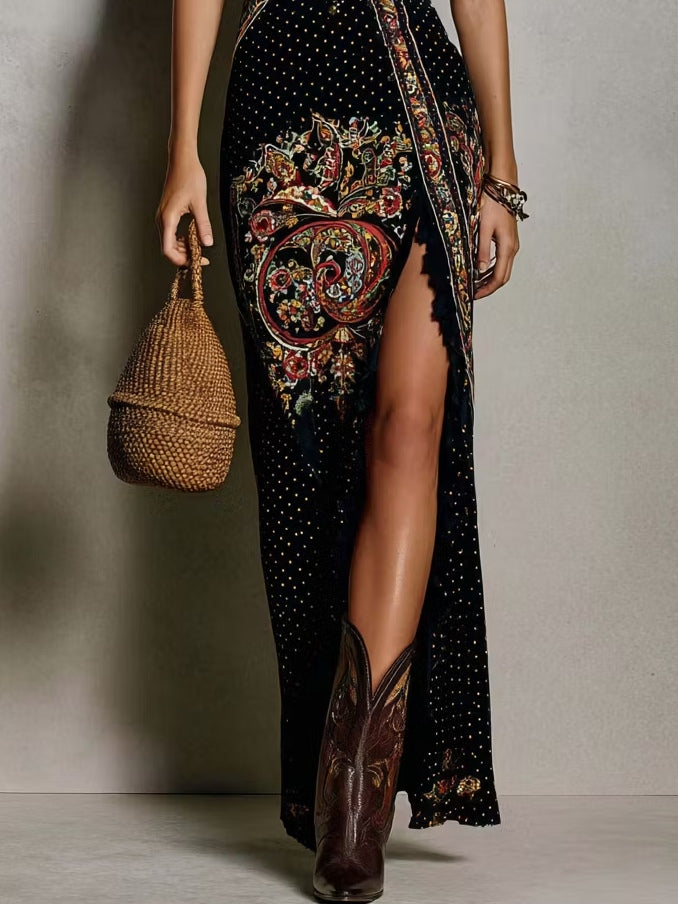 Victoire | Bohemian Print Dress with Plunging Neckline and High Slit