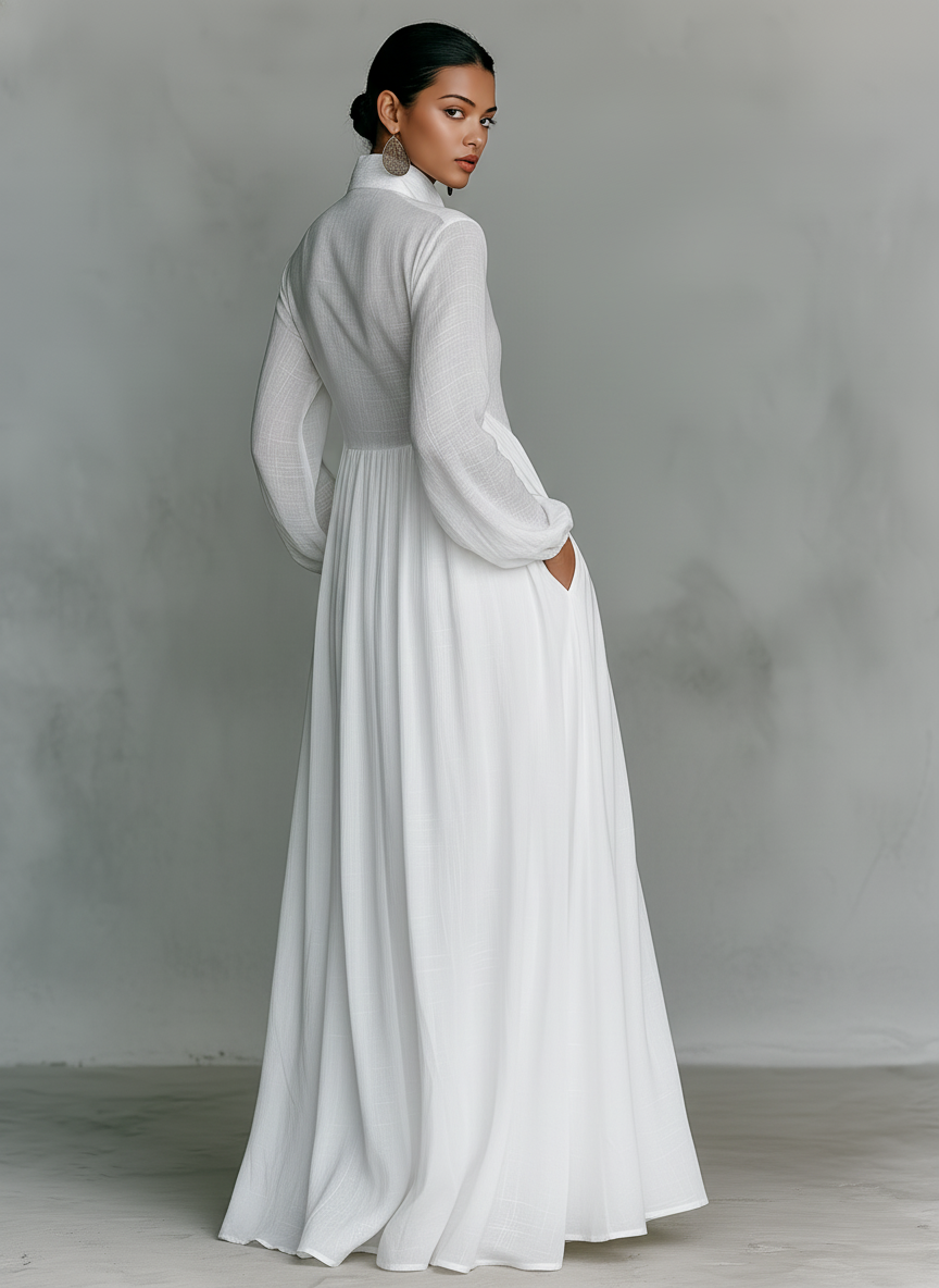 Maxi Minimalist Dress in Cotton &amp; Linen with Patchwork, High Collar and Long Sleeves
