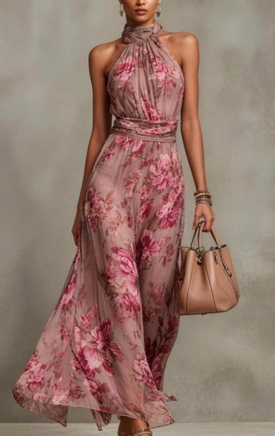 Serena ∙ Floral Chiffon Maxi Dress with Halter Neckline