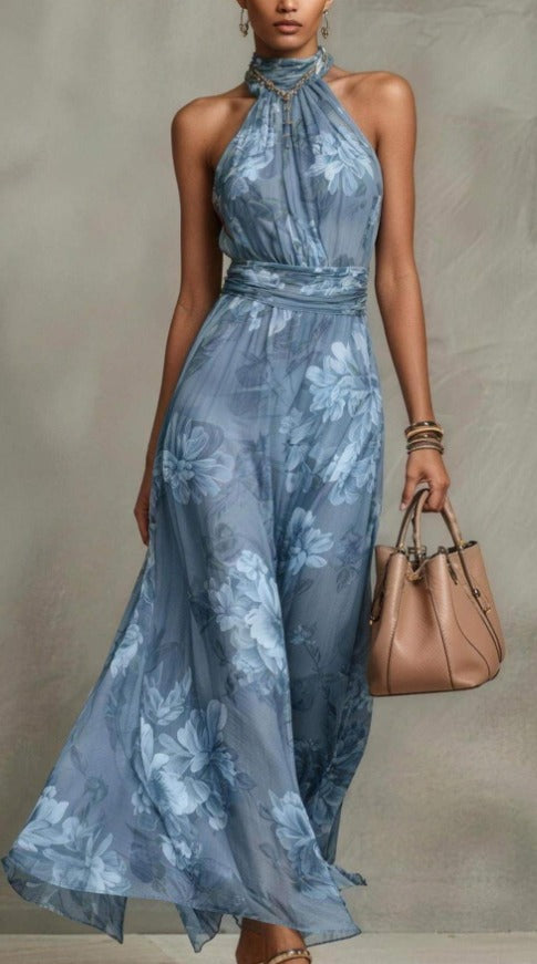 Serena ∙ Floral Chiffon Maxi Dress with Halter Neckline