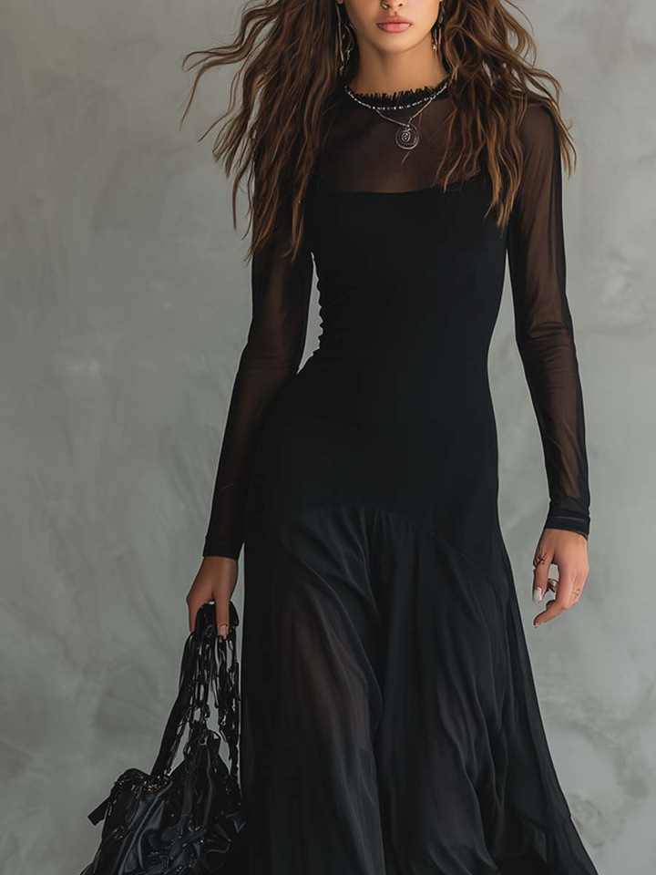 Black Loose-Fit Tulle Maxi Dress