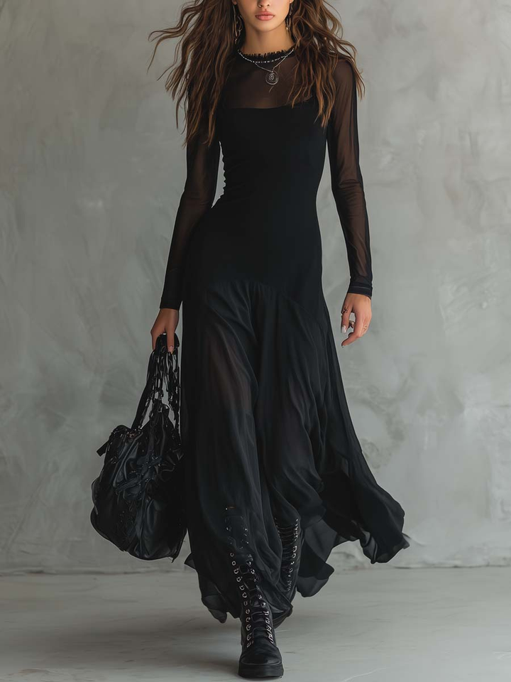 Black Loose-Fit Tulle Maxi Dress