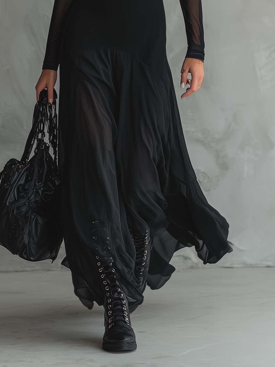 Black Loose-Fit Tulle Maxi Dress