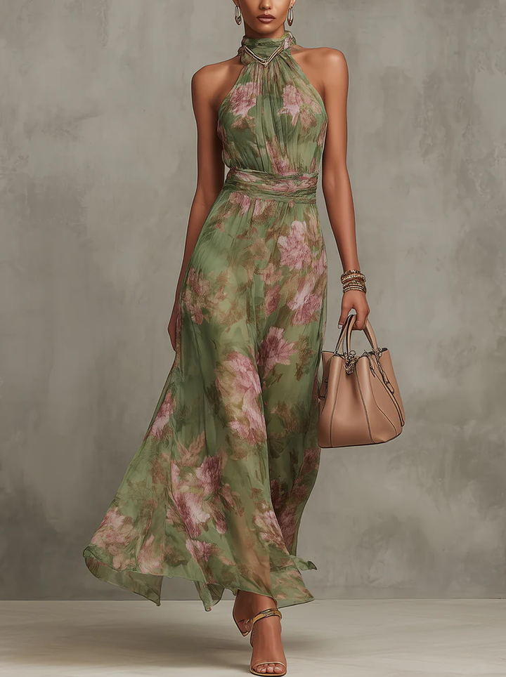Serena ∙ Floral Chiffon Maxi Dress with Halter Neckline