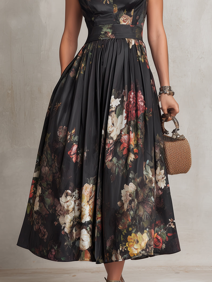 Violette™ | Black Pleated Satin Midi Dress with Floral Print and Teardrop Neckline