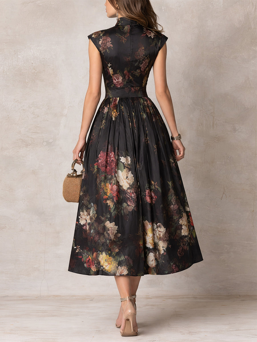 Violette™ | Black Pleated Satin Midi Dress with Floral Print and Teardrop Neckline