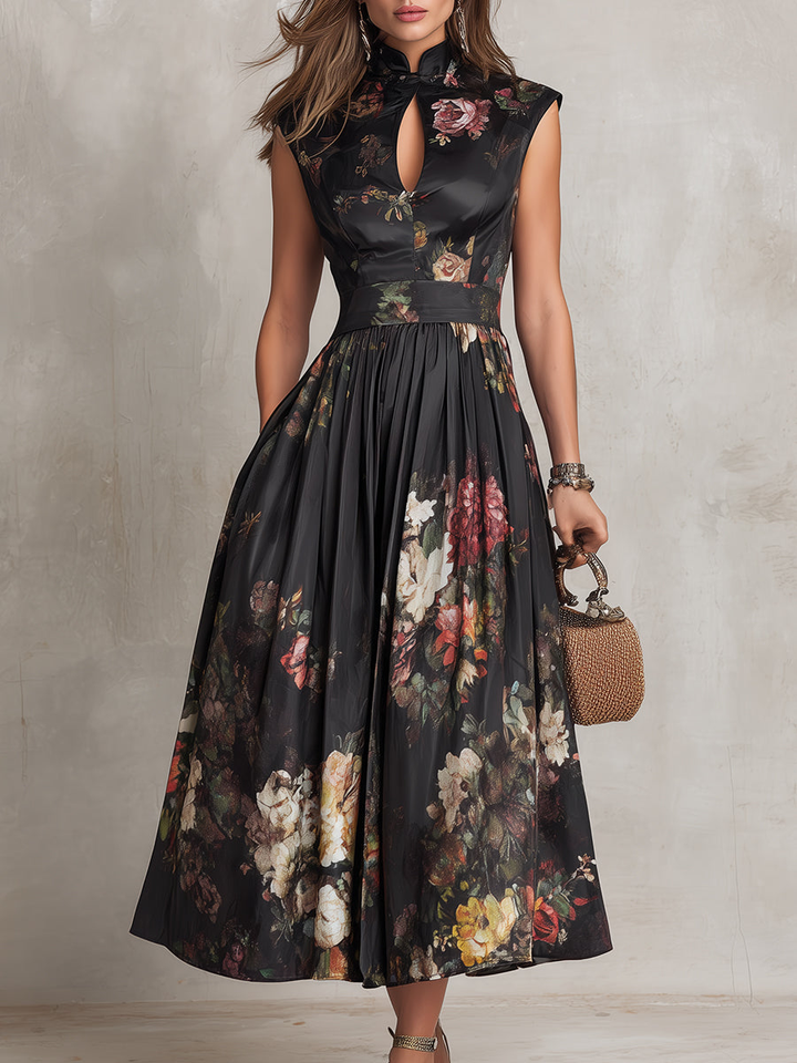 Violette™ | Black Pleated Satin Midi Dress with Floral Print and Teardrop Neckline