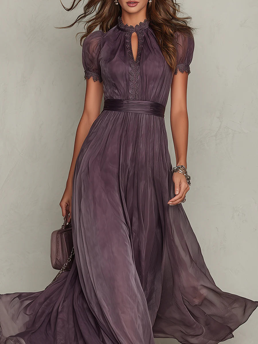 Flavia • Long Purple Dress with Keyhole Neckline &amp; Chiffon Lace Trim