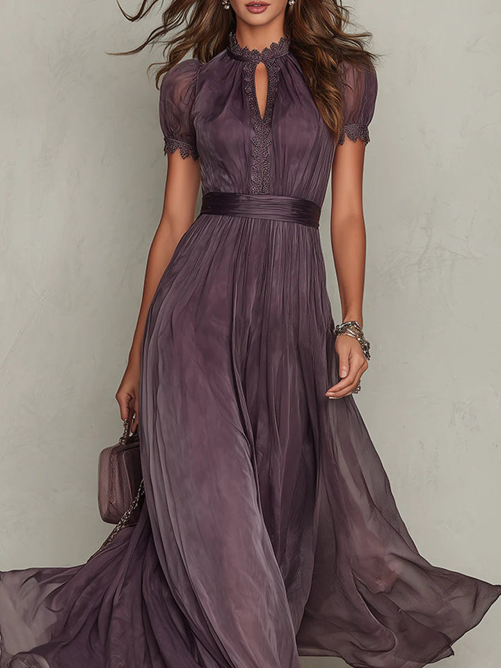 Flavia • Long Purple Dress with Keyhole Neckline &amp; Chiffon Lace Trim