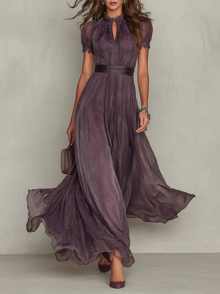 Flavia • Long Purple Dress with Keyhole Neckline &amp; Chiffon Lace Trim