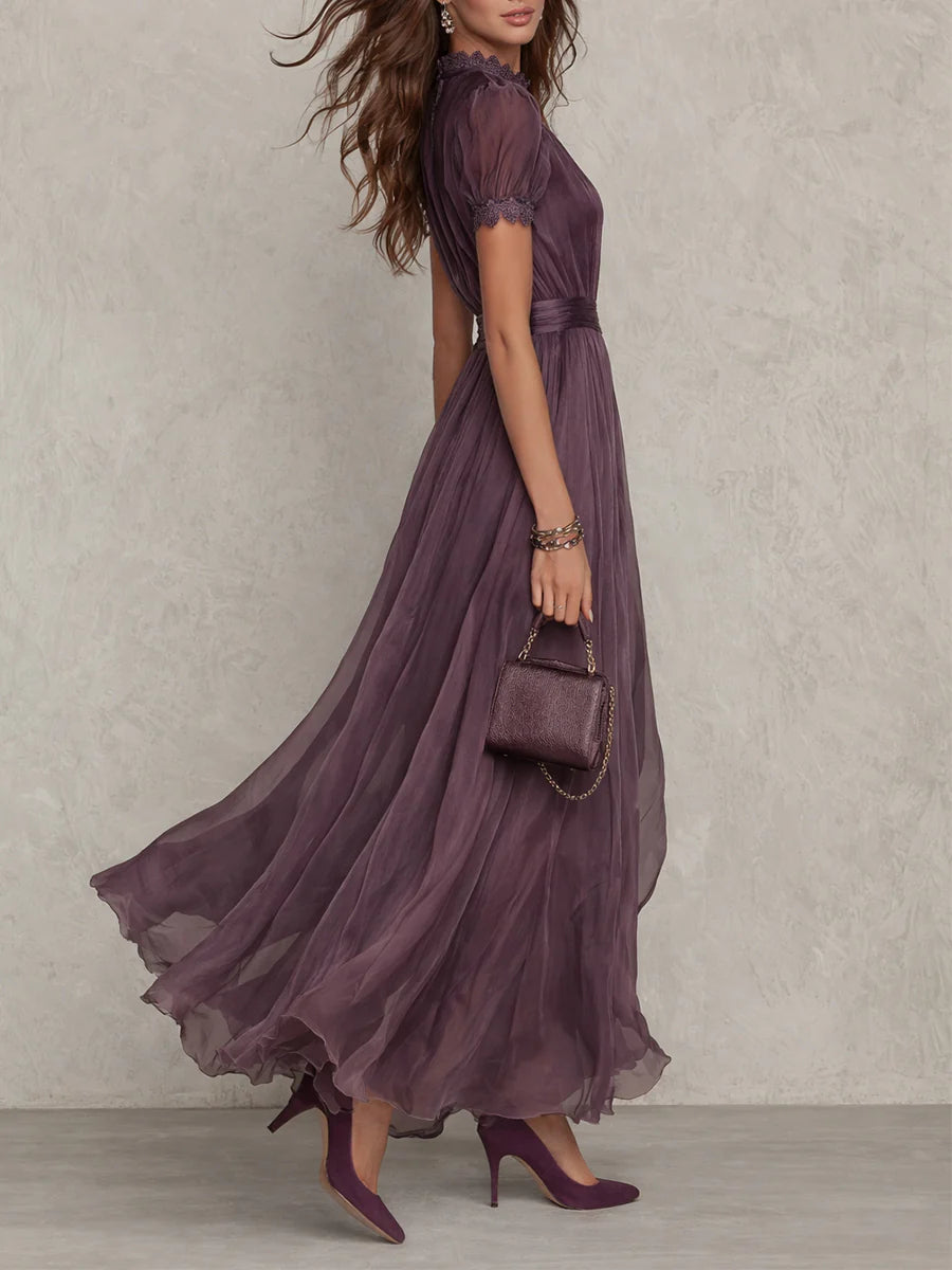 Flavia • Long Purple Dress with Keyhole Neckline &amp; Chiffon Lace Trim