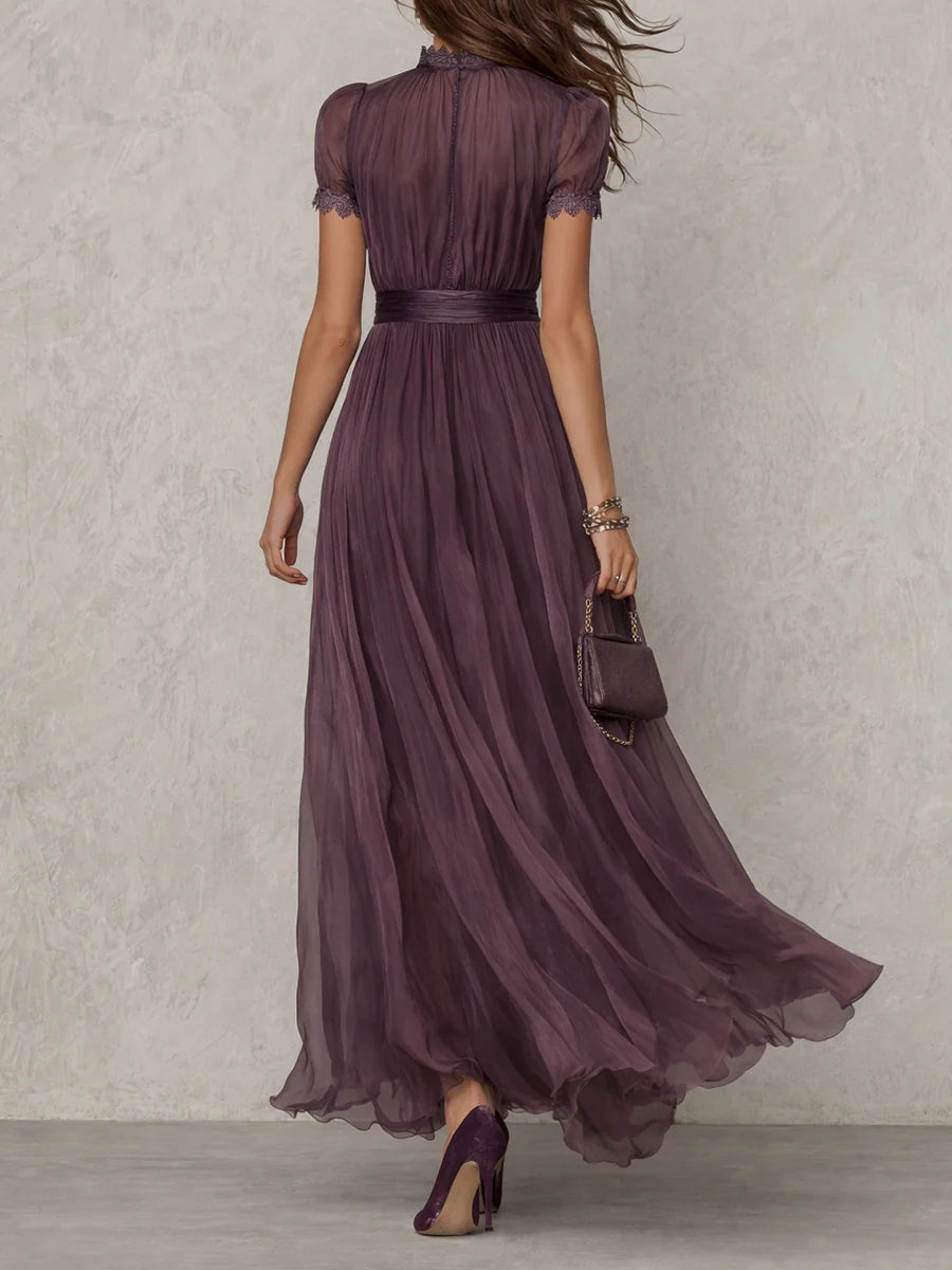 Flavia • Long Purple Dress with Keyhole Neckline &amp; Chiffon Lace Trim