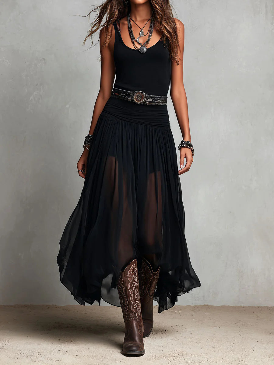Thaïs | Black Sleeveless Maxi Dress with Tulle Skirt (Belt Included)