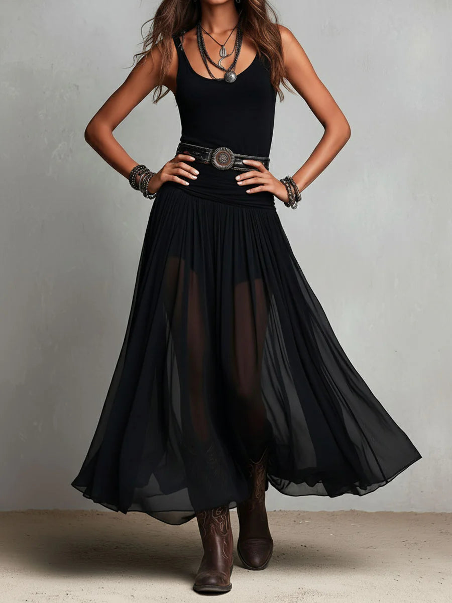 Thaïs | Black Sleeveless Maxi Dress with Tulle Skirt (Belt Included)