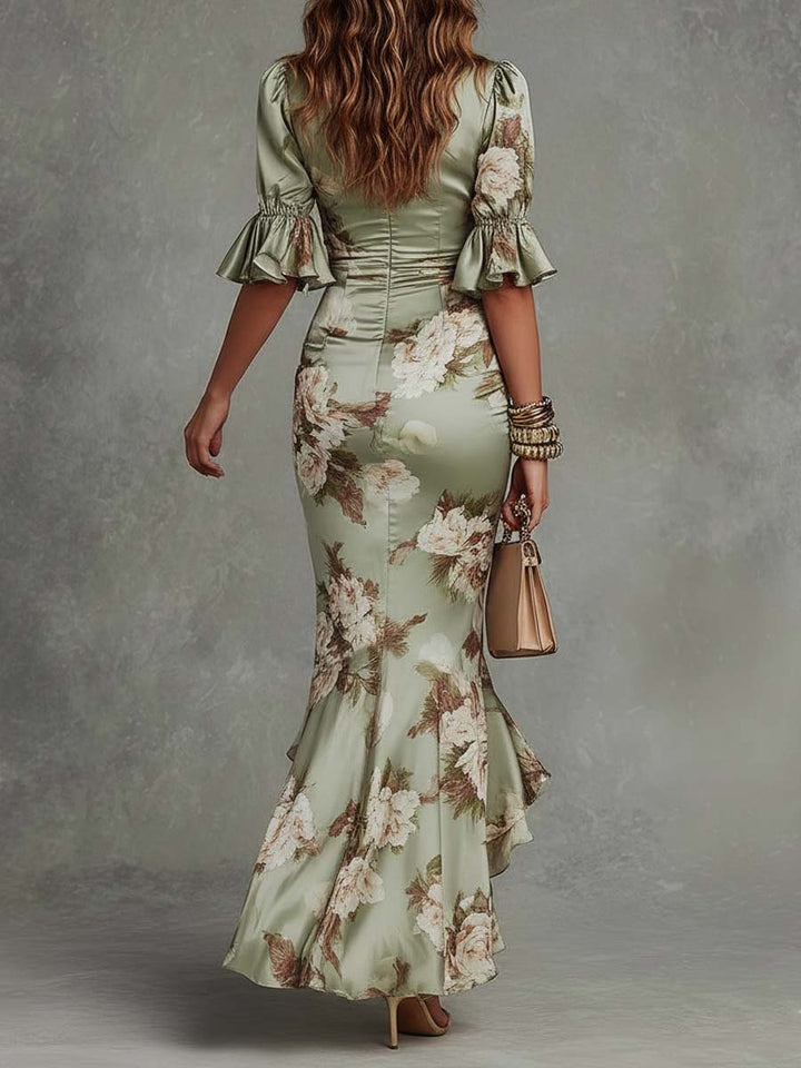 Anne™ | Green Satin Asymmetric Maxi Dress with V-Neck, Puff Sleeves and Floral Print