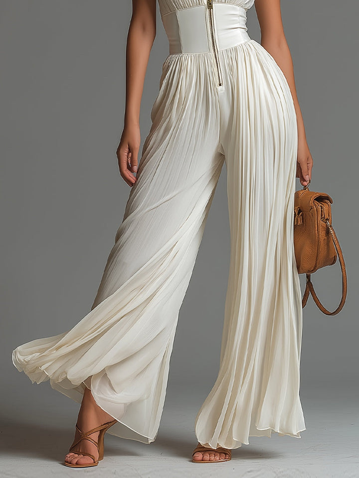 White Pleated Chiffon Jumpsuit for Women