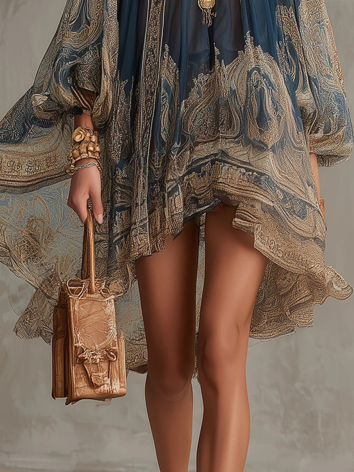 Agathe | Navy Chiffon Asymmetric Mini Dress with High Neck and Baroque Print