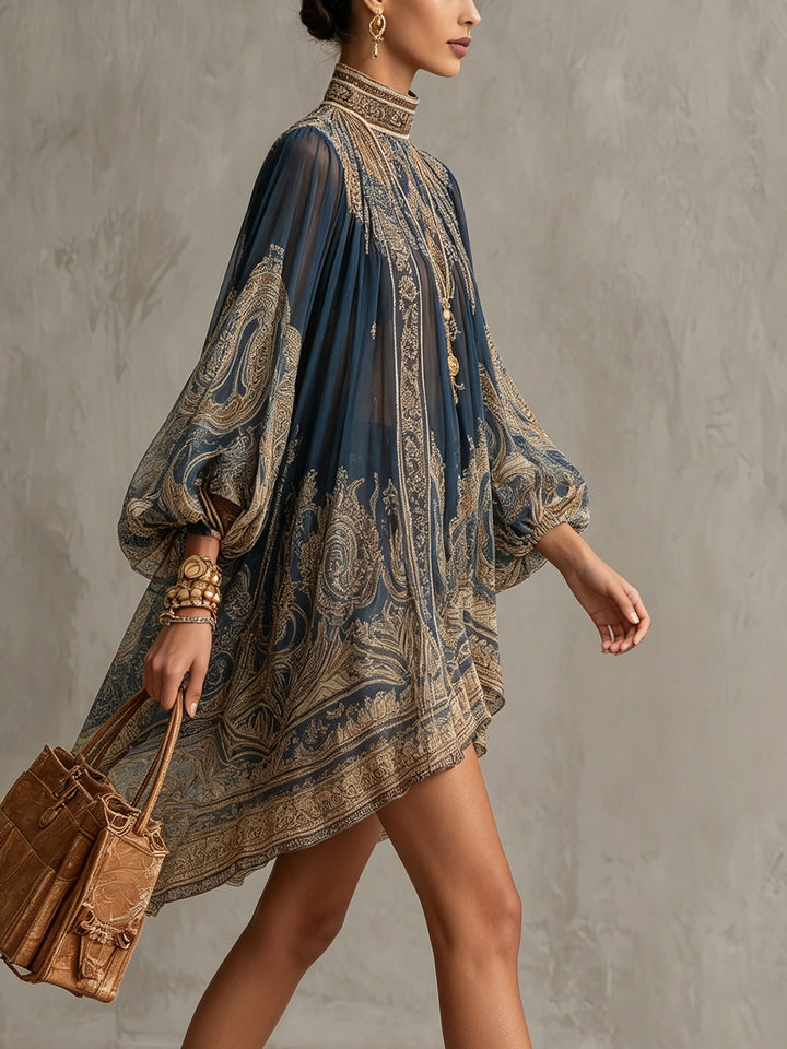 Agathe | Navy Chiffon Asymmetric Mini Dress with High Neck and Baroque Print