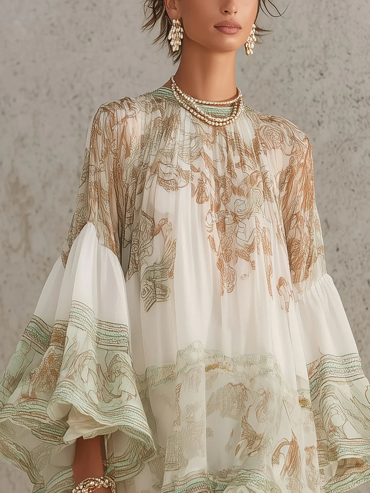 Solange | Green Chiffon Asymmetric Mini Dress with Ruffles and Bell Sleeves