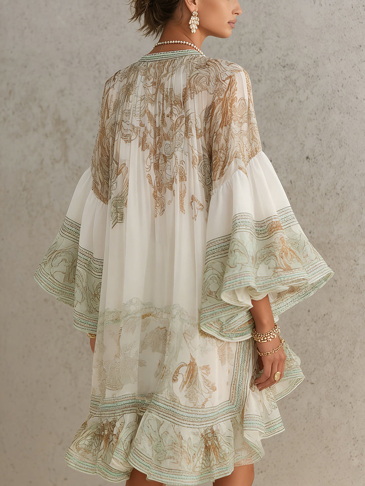 Solange | Green Chiffon Asymmetric Mini Dress with Ruffles and Bell Sleeves