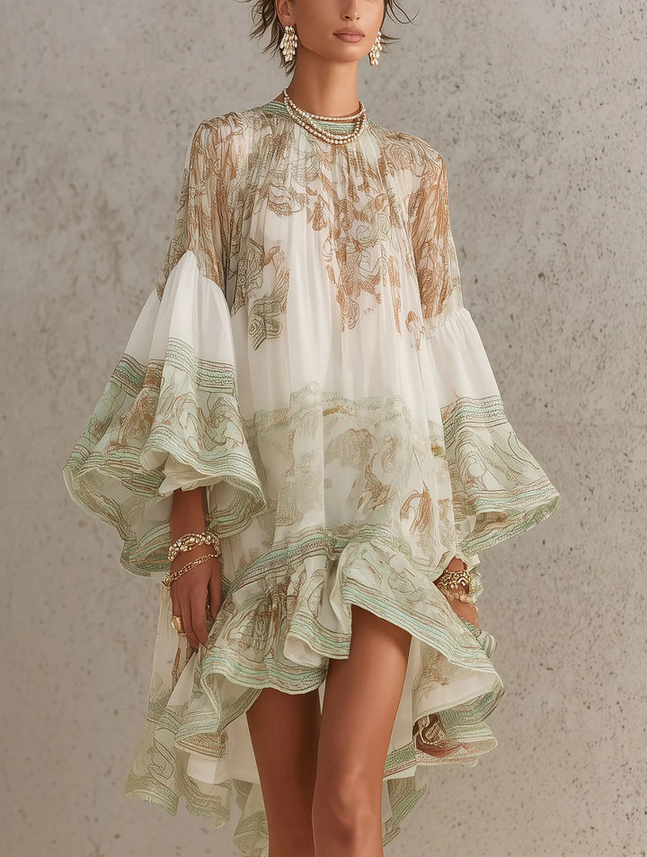 Solange | Green Chiffon Asymmetric Mini Dress with Ruffles and Bell Sleeves